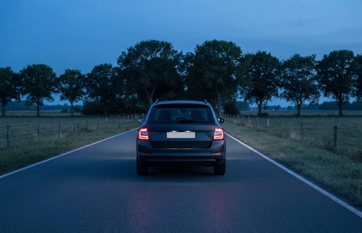 Kombi auf einer Landstra&szlig;e in der blauen Stunde