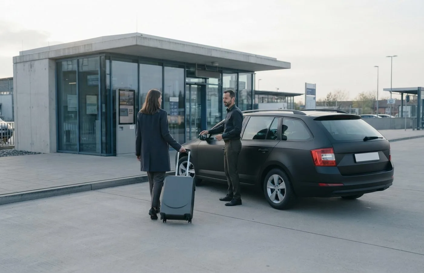 Fahrer nimmt einen Koffer an der Terminalvorfahrt entgegen